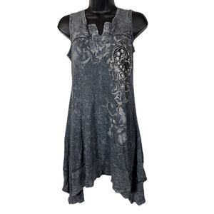 VOCAL Tank Dress Gray Crystals Fleur de Lis Heart Angel Wings Small Cotton USA